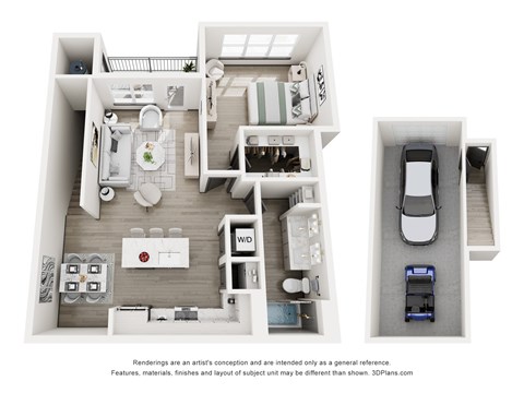A 3D floor plan of a house with a kitchen, living room, and garage.